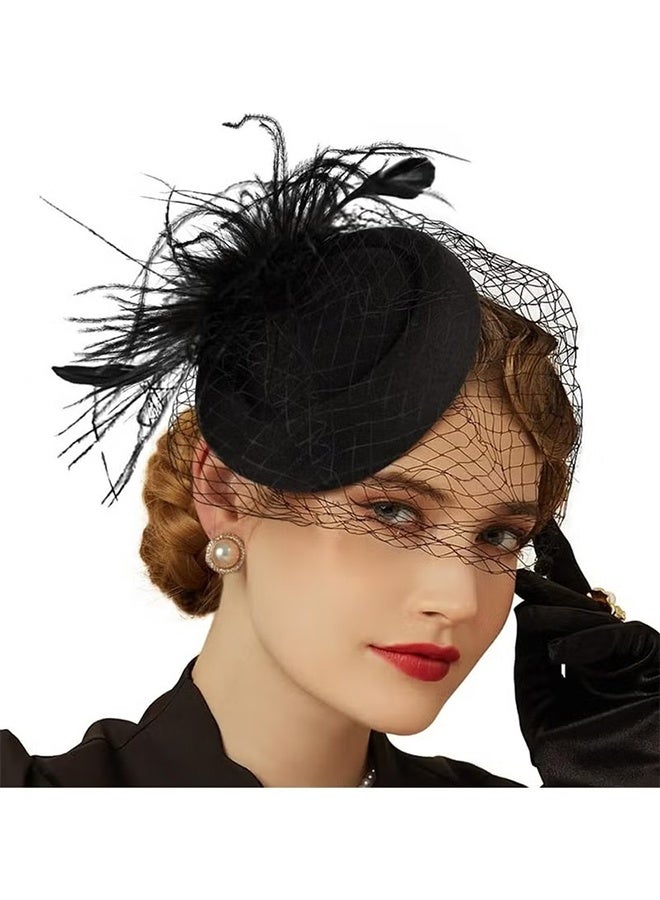 HY 20s 50s Hat, Mesh Ribbons Feathers on a Headband and a Clip Tea Party Headwear, Tea Party Headwear with Veil for Girls and Women (Black) - Image 1